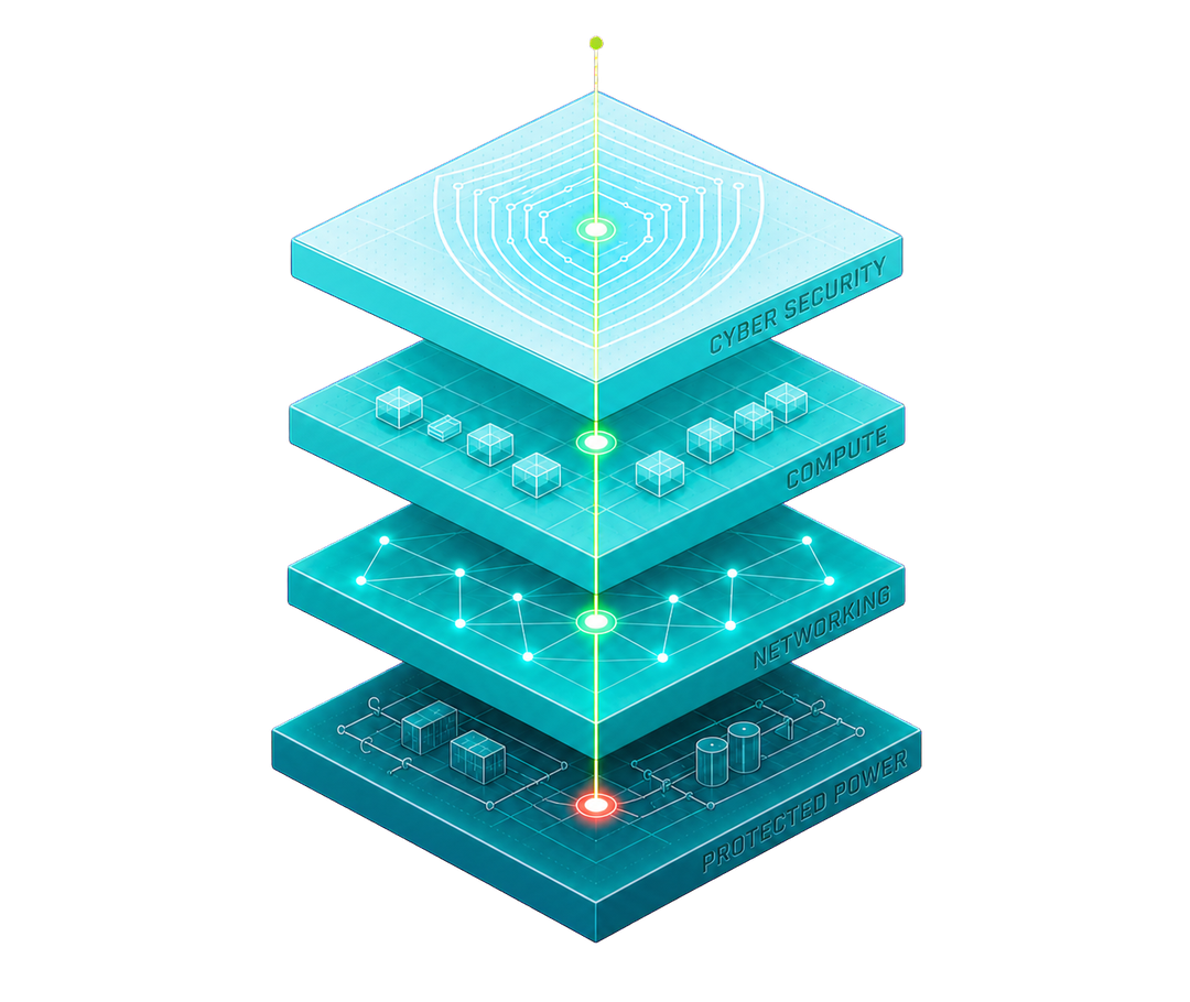 Four connected OT infrastructure layers: protected power, networking, compute and cyber security.